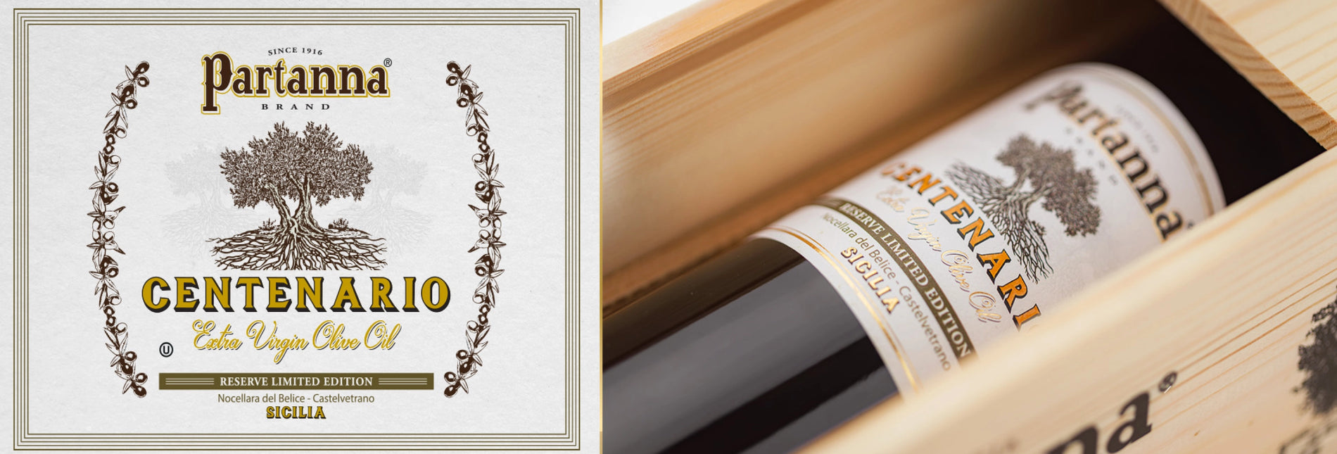 Partanna Centenario olive oil bottle with packaging on a white background